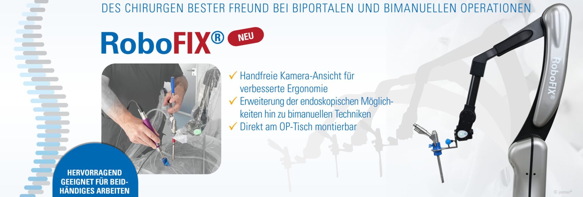 Abbildung des magnetischen Armhalters RoboFIX von Joimax mit der Abbildung der Joimax Wirbelsäule auf der linken Seite.