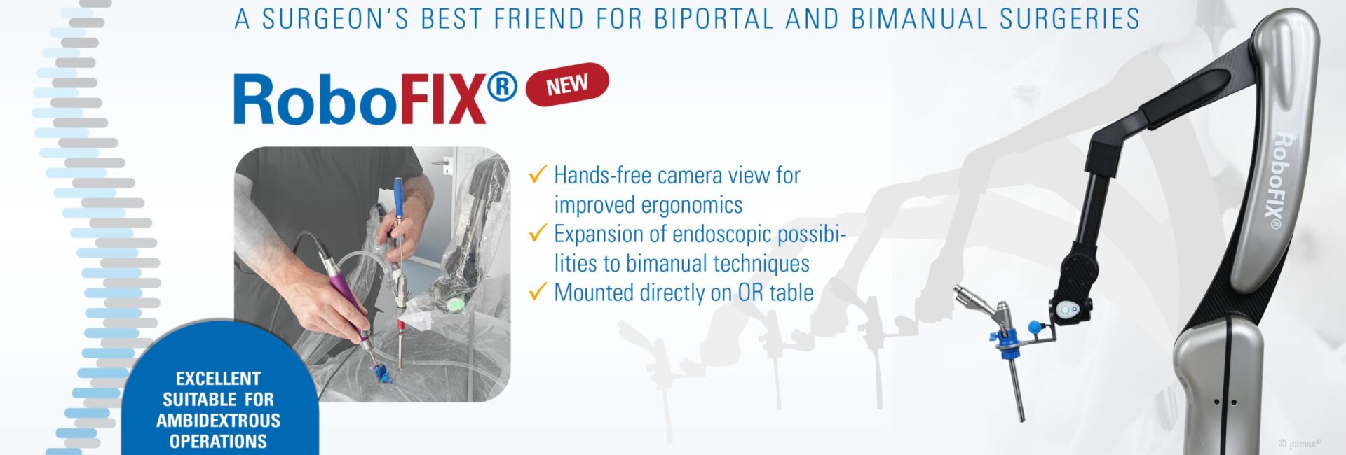 Image of the magnetic arm holder RoboFIX by Joimax with the image of Joimax spine on the left.