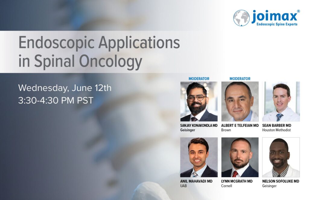 Online webinar for endoscopic applications in spinal oncology with the experts pictured and the joimax logo.